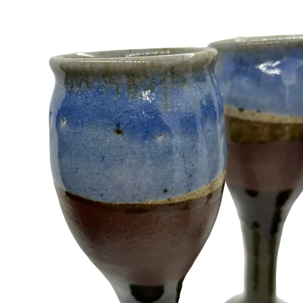 Wine Goblets Flutes Set of Four Ceramic Handmade 1984 Vintage Blue Brown Retro
